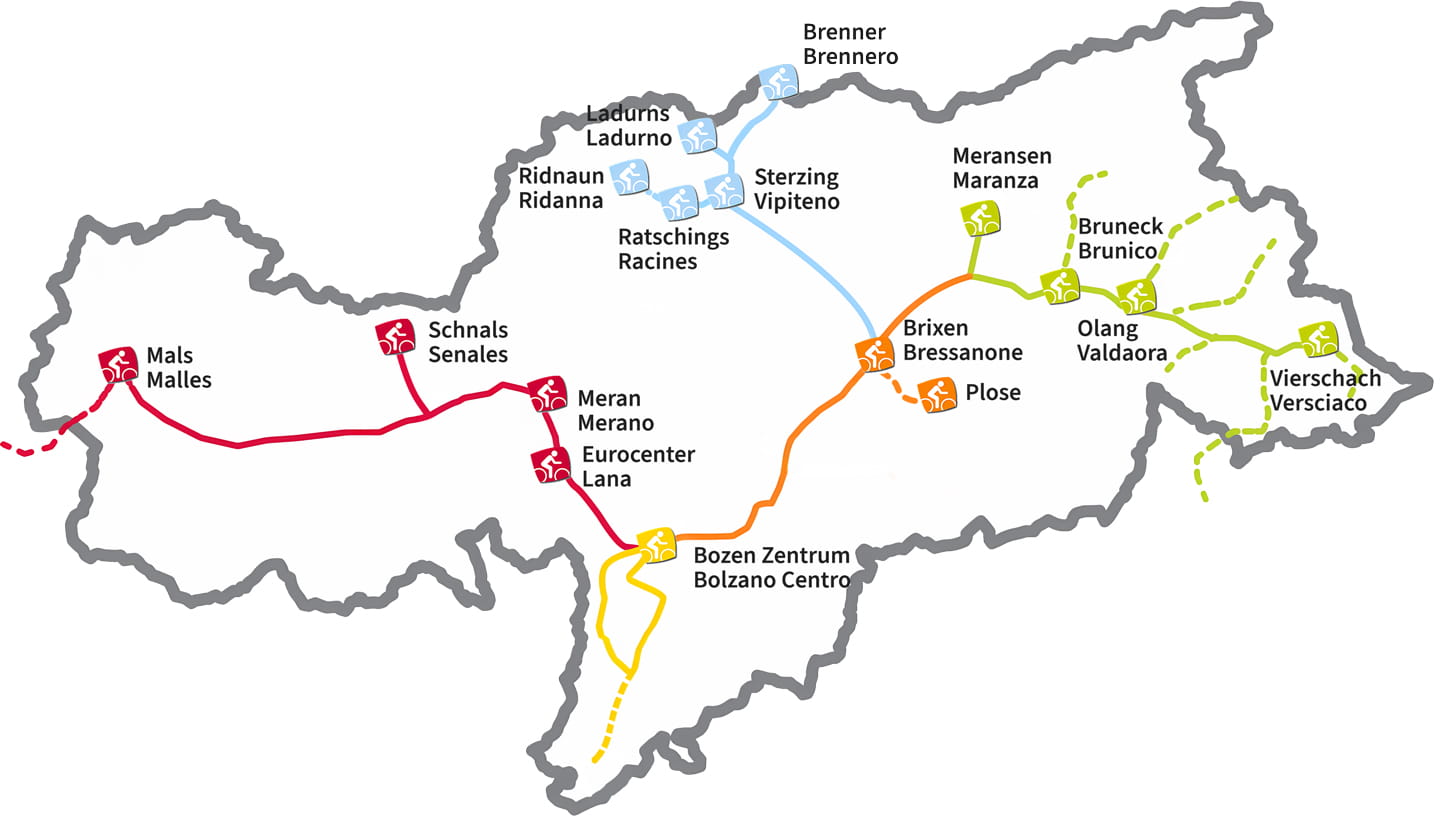 Karte der Bici Alto Adige Verleihstationen