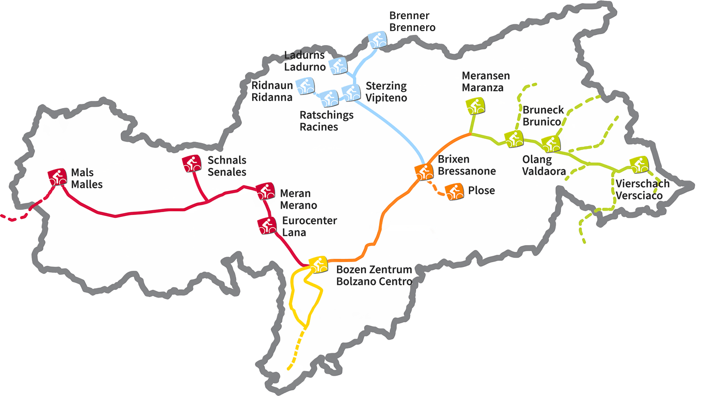 Mappa dei punti noleggio bici del circuito Bici Alto Adige in Alto Adige